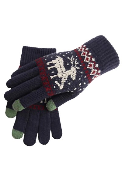 Flippy Women's Reindeer Gloves — Touchscreen, Knitted Acrylic, Fleece Lined, Navy