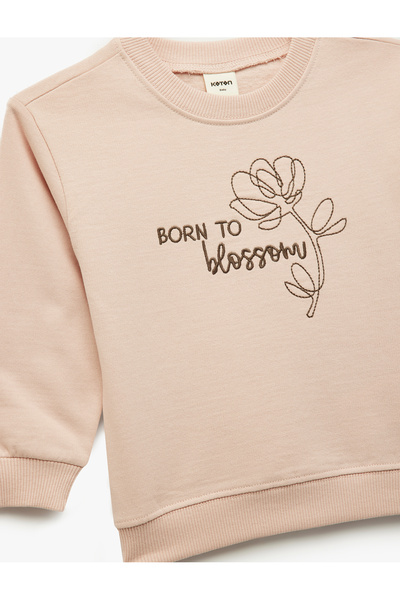 Koton Şardonlu Uzun Kollu Bisiklet Yaka Nakışlı Pamuklu Sweatshirt