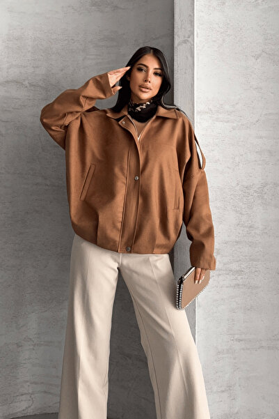 giyimmasalı Woven Suede Fabric Epaulet Bomber Jacket - Light Brown