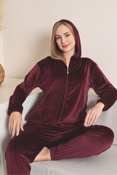 Asel Women's Hooded Burgundy Color Velvet Long Sleeve Elastic Set