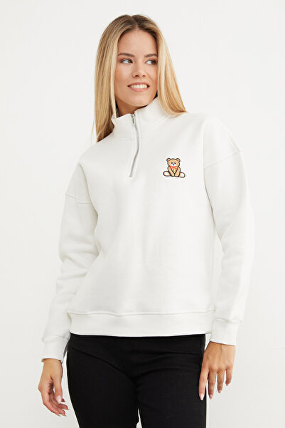 Fulla Moda 3 Thread Teddy Bear Embroidered Half-Zip Sweatshirt