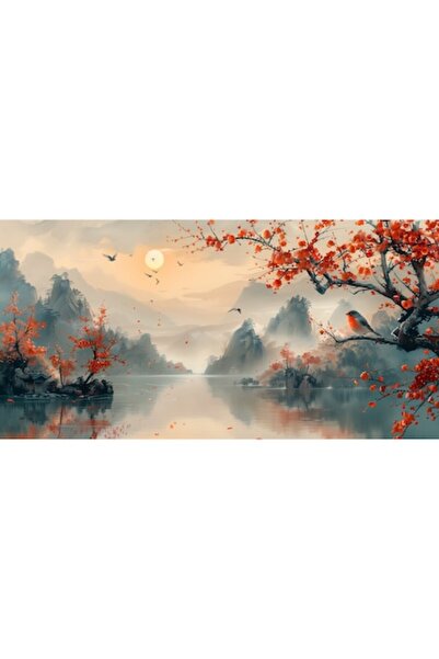 GRELYS PRINT Tablou Canvas Peisaj in Japonia, munti, lac, padure, flori, pent...