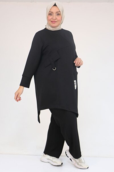 Eslina 57041 Plus Size Modal Pants Suit with Pocket Embroidery Detail - Black