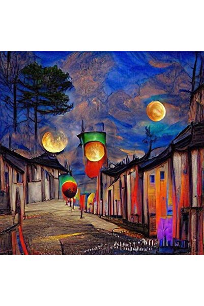 GRELYS PRINT Pictură pe pânză, Stradă colorată, Felinare, Lună plină, 40 x 40...