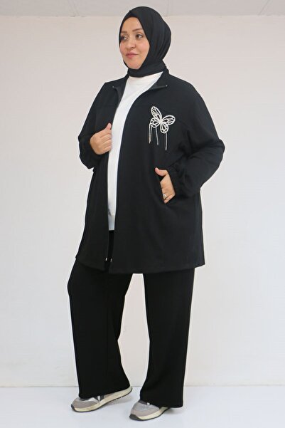 Eslina 57057 Plus Size Zippered Pants Modal Suit - Black