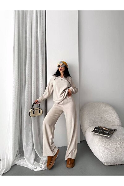 MY DEPO Women's Zippered Polo Neck Sweatshirt Wide Leg Pants Set