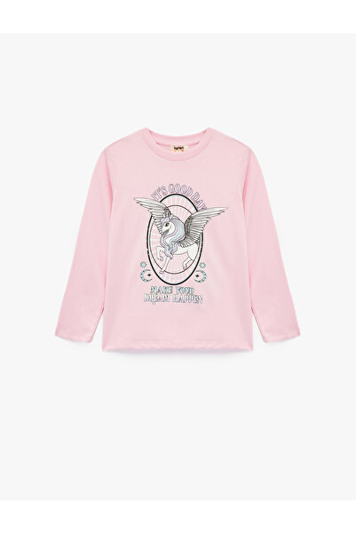 Koton Μπλουζάκι με μακρυμάνικο λαιμόκοψη από βαμβακερό μονόκερο