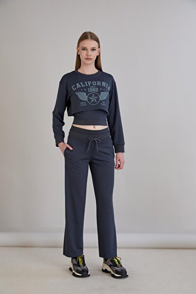 Sortie Women's Elastic Waist California Printed Anthracite Crop Sweatshirt