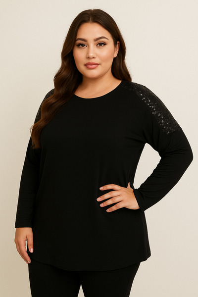 Butik Nilyam Women's Plus Size Crew Neck Long Sleeve Sequin Detailed Stretchy Tunic 25006