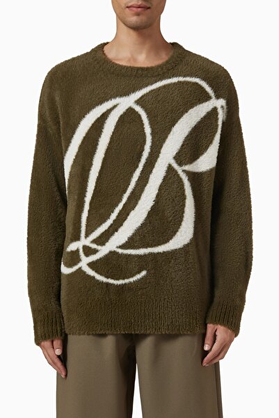 Only The Blind سترة بليكس المحبوكة، خضراء، تفاصيل شعار كبيرة، قصة مريحة متوسطة الوزن