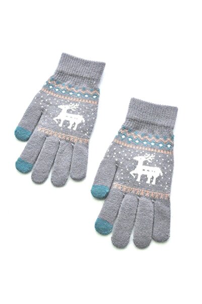 Flippy Women's Gloves, Reindeer Pattern, Touchscreen, Knitted Acrylic, One Size, Grey