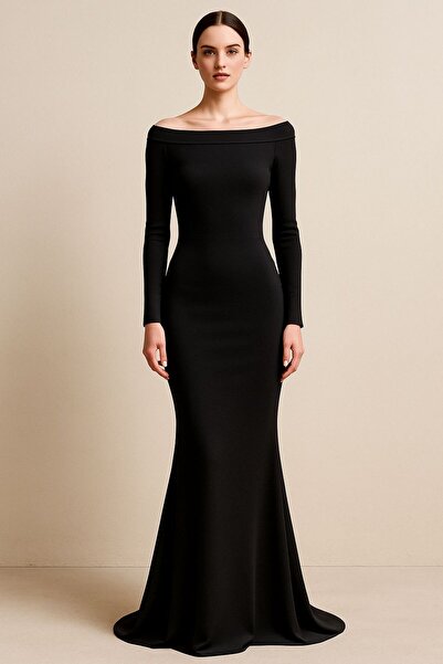 Nsb Tasarım Γυναικείο μακρύ φόρεμα με μαύρο λαιμόκοψη