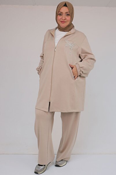 Eslina 57057 Plus Size Zippered Modal Suit with Pants - Beige