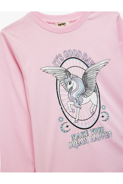 Koton Μπλουζάκι με μακρυμάνικο λαιμόκοψη από βαμβακερό μονόκερο