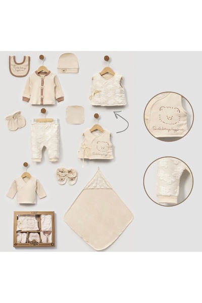 Cherub Baby Teddy Bear Patterned Süzene Embroidered Baby Boy Newborn 10 Piece Hospital Release Bodysuit Set