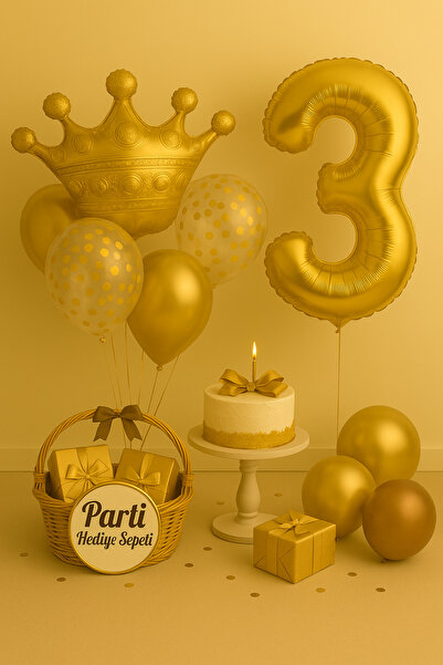 parti hediye sepeti Doğum Günü Parti Balon Seti Gold Taç | Rakam Balon, Konfe...