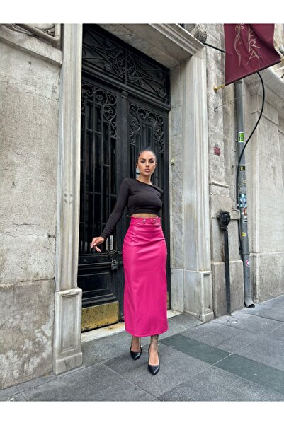369 etnik butik High Waist Faux Leather Pencil Skirt – Midi Length with Belt Detail