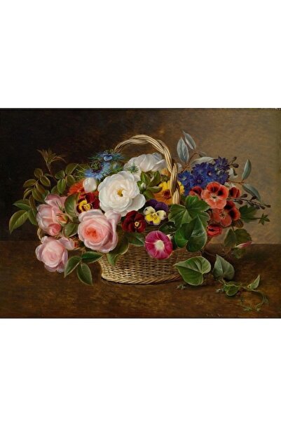 GRELYS PRINT Pictură pe pânză, Coș cu flori, I.L. Jensen, 60 x 45 cm, Ramă di...