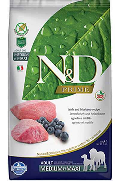 N&D ND Prime Tahılsız Kuzu Eti ve Yaban Mersinli Orta ve Büyük Irk yetişkin Köpek Maması 2,5kg