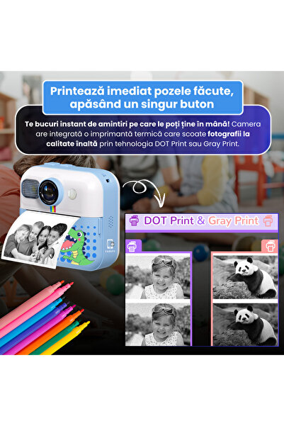 FAMIFY Cameră instantanee pentru copii, 48MP, Full HD, jocuri educative, muzică, 1500mAh, SD 64GB, USB, autocolante, albastru
