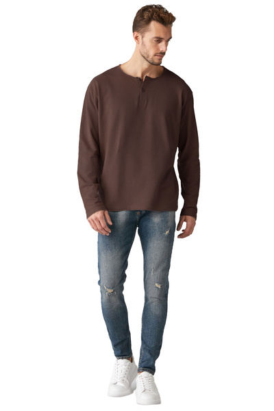 GRIMELANGE Lorenzo Men's Special Rustic Textured 100% Organic Cotton Button Detailed Regular Bitter Brown Sweatshirt