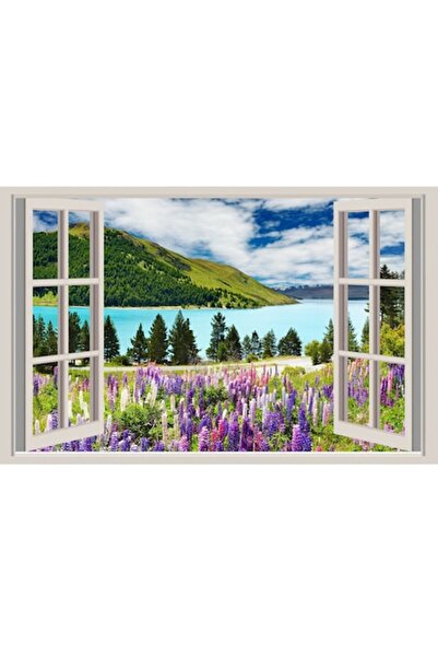 GRELYS PRINT Tablou Canvas, Peisaj la fereastra, natura, munte, padure, lac, ...