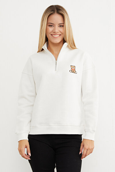 Fulla Moda 3 Thread Teddy Bear Embroidered Half-Zip Sweatshirt