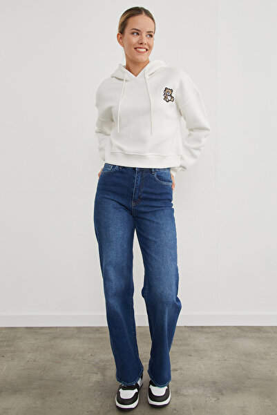 Fulla Moda 3 Yarn Teddy Bear Embroidered Hooded Sweatshirt