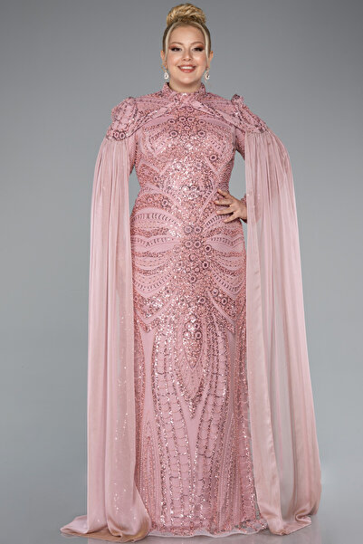 Abiyefon Pudra Boncuklu Dik Yaka Uzun Kol Büyük Beden Tesettür Abiye ABU4935