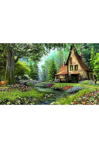 GRELYS PRINT Pictură pe pânză, Pădure, Căsuță, Flori, Cerb, 60 x 40 cm, Ramă ...