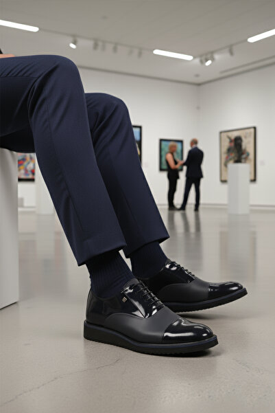 Fosco Navy Blue Patent Leather Genuine Leather Men's Classic Shoes 6590 m