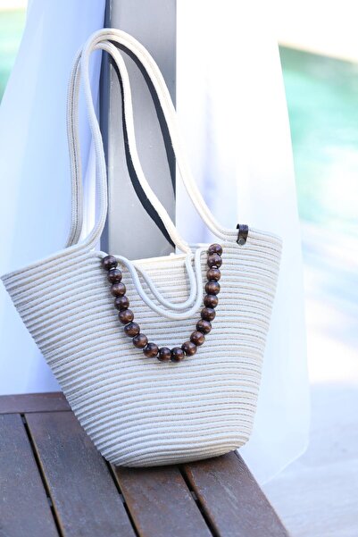 NS TASARIM MAYO Біла солом'яна сумка з коричневими намистинами