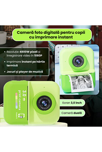FAMIFY Aparat foto instant Polaroid pentru copii, 48MP, 1080P, imprimare termică, ecran de 3", geantă, 64GB, verde