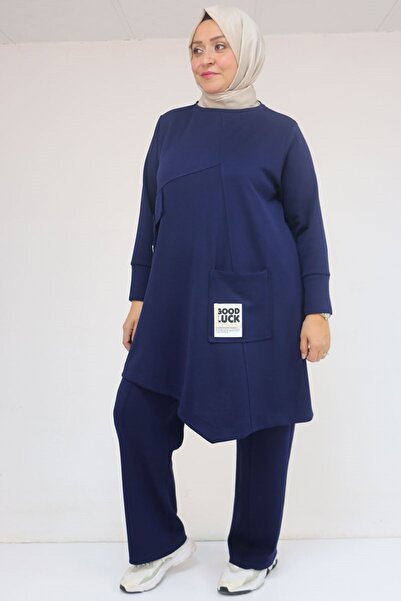 Eslina 57041 Plus Size Modal Pants Suit with Pocket Embroidery Detail - Indigo