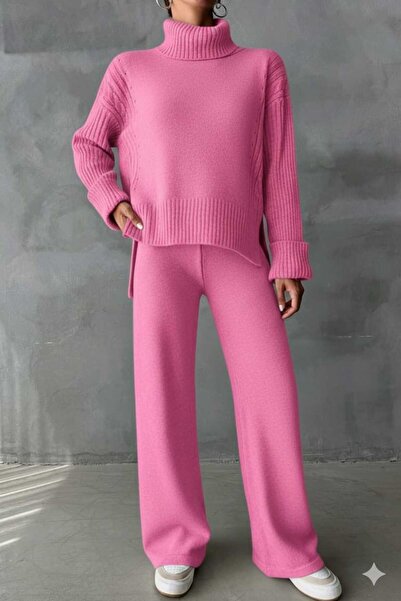 MODAM DENSTINY Women's Turtleneck Ribbed Hair Knit Patterned Side Slit Bottom Top Knitwear Set