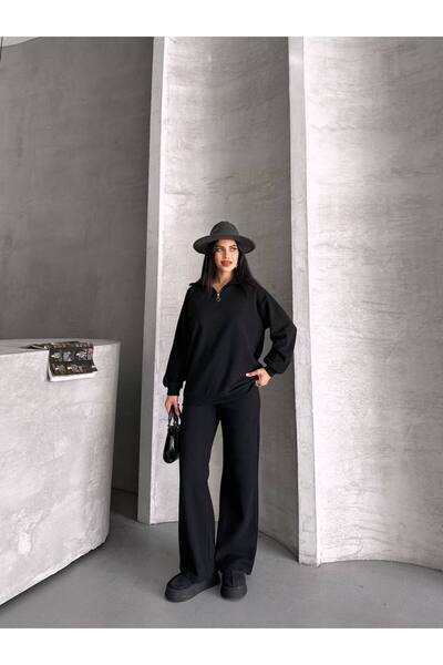 MY DEPO Women's Zippered Polo Neck Sweatshirt Wide Leg Pants Set