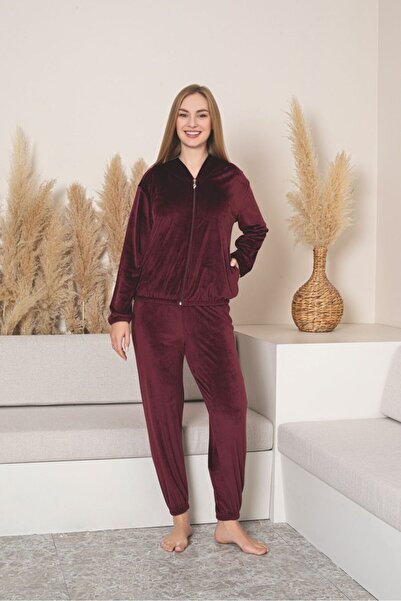 Asel Women's Hooded Burgundy Color Velvet Long Sleeve Elastic Set