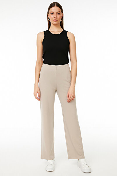 Palal Women's Wide Leg Basic Pocketless Beige Sweatpants