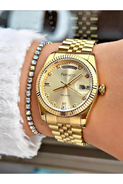 Ferrucci Kadın Kol Saati Su Geçirmez Tarih Fonksiyonlu. Gold. Bileklik hediyeli