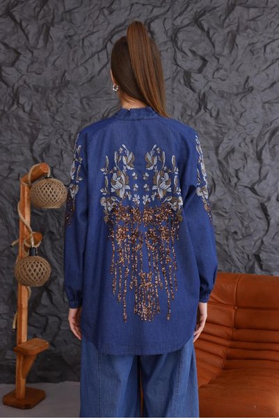 Dadali Pul Payet Embroidered Thin Denim Kimono Blue