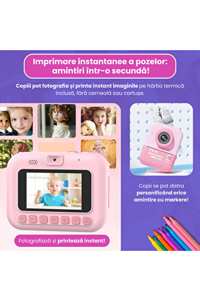 FAMIFY Aparat foto instant Polaroid pentru copii, 48MP, 1080P, imprimare termică, ecran de 3", geantă, 64GB, roz