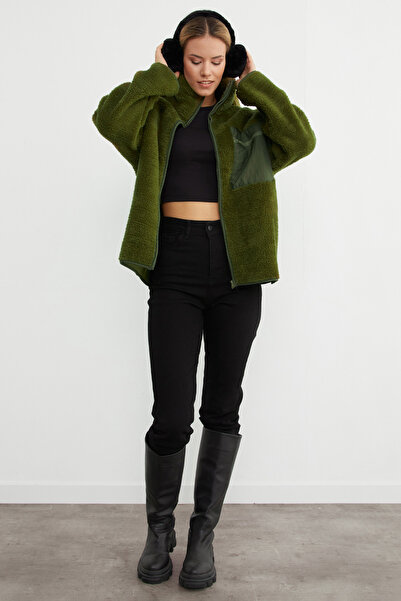 Fulla Moda Fermuarlı Tek Cepli Dik Yaka Pelüş Mont