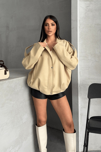 giyimmasalı Woven Suede Fabric Epaulet Bomber Jacket - Cream