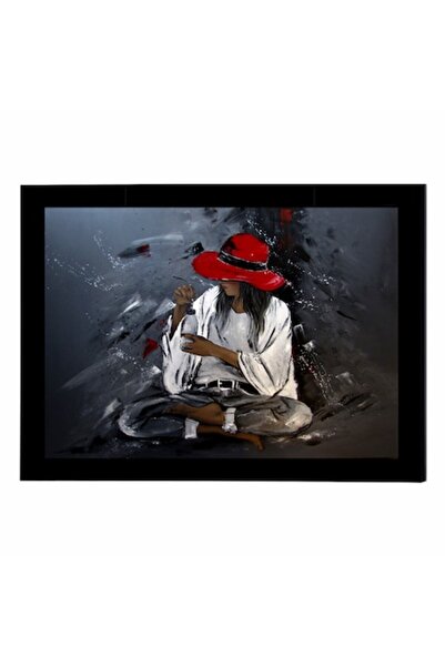 GRELYS PRINT Tablou Canvas cu rama, Fata cu palarie rosie 30 x 20 cm,