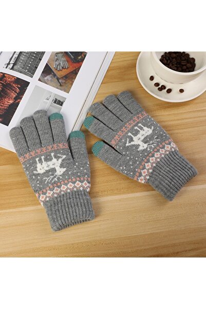 Flippy Women's Gloves, Reindeer Pattern, Touchscreen, Knitted Acrylic, One Size, Grey
