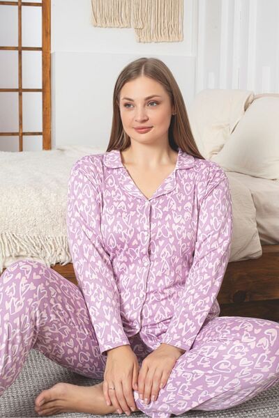 Asel Plus Size Sendy Fabric Full-Length Buttoned Pajama Set