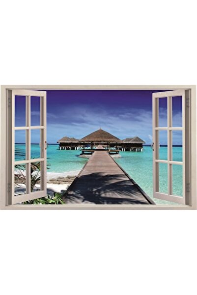 GRELYS PRINT Pictură pe pânză, Peisaj, Fereastră, Doc, Ocean, 80 x 50 cm, Ram...