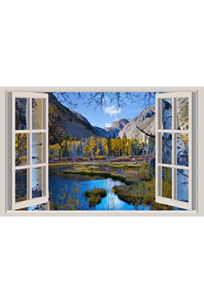 GRELYS PRINT Tablou Canvas, Peisaj la fereastra, natura, lac, padure, munti, ...