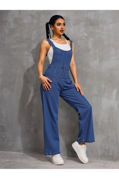 SHEVEGA Women's Blue Kangaroo Pocket Loose Leg Jeans Gardening Overalls