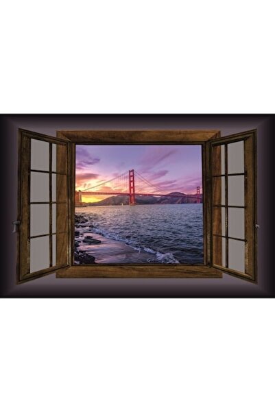 GRELYS PRINT Pictură pe pânză, Podul Golden Gate, Fereastră, 90 x 60 cm, Ramă...